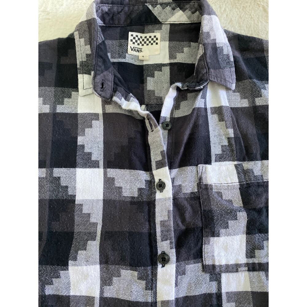 Vans Womens Small Black White Geometric Plaid Flannel Button Shirt Tunic Dress - Picture 8 of 9